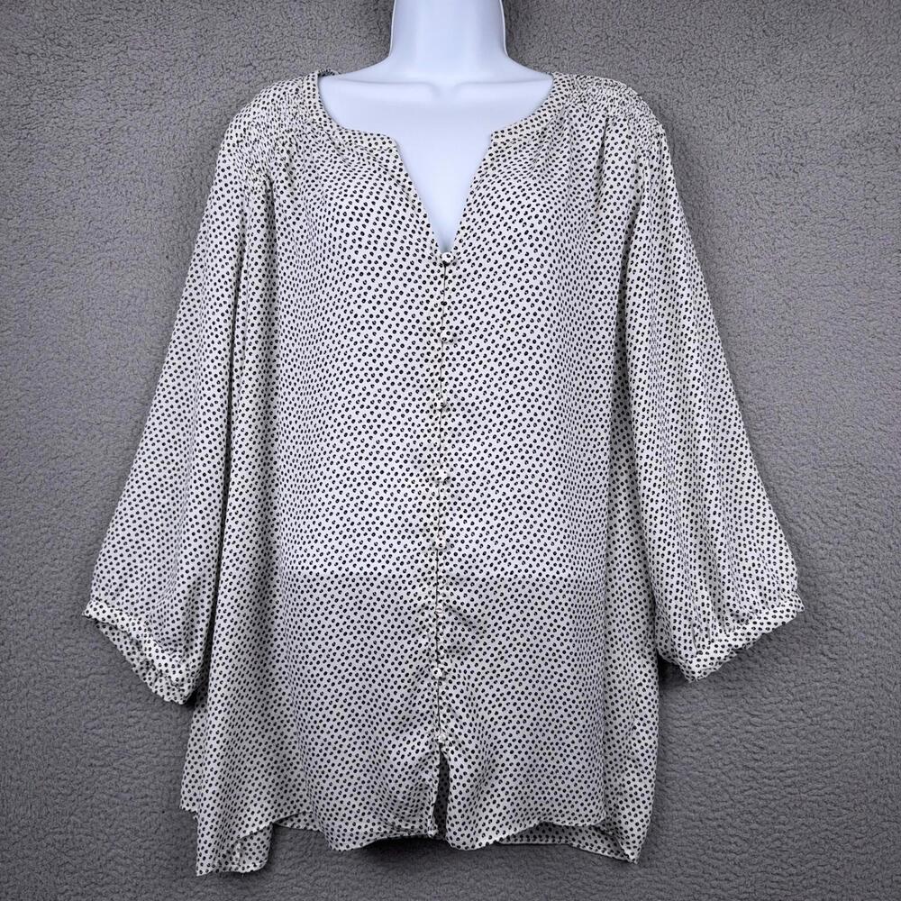 Rose+Olive Top Womens 2X White Spotted Boho Button Up Ruched Flowy V Neck Sheer
